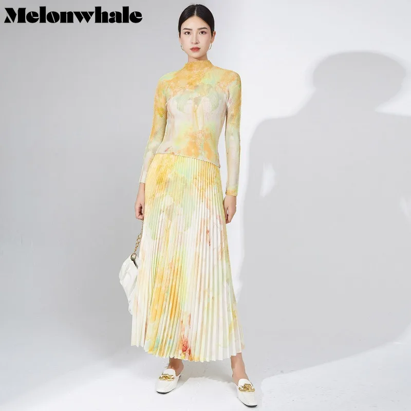 

MelonWhale Gradient Miyake Pleated Vintage Printed Two Piece Set Women 2023 New Korean Long Sleeve Top Loose Long Sun Skirt