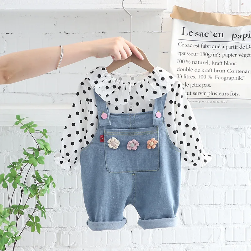 

Kids Girls Shirt Sets Romper Autumn New Style 1-4 Years Old Lovely Flower Jeans Cotton Clothing For Child Children Kids Costum
