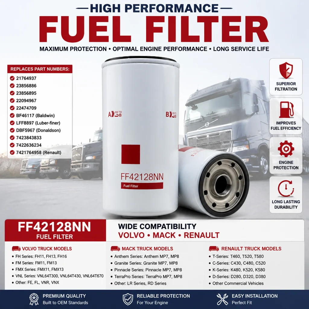 Фото Топливный фильтр FF42128NN, замена FF5967, 21764937, 23856886, BF46117 для Volvo D11, D13, Mack MP7, MP8, Renault Trucks 2017+ (дизельные двигатели) №1