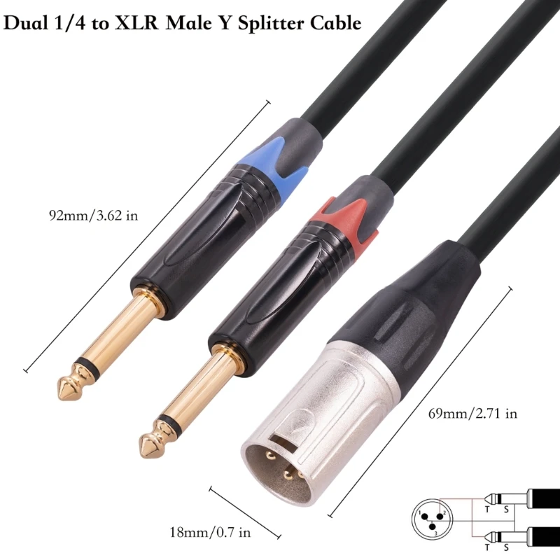 

Two 1/4 inch to Male Y Splitter Cable, 3Pin Male to Dual 6.35mm TS Mono