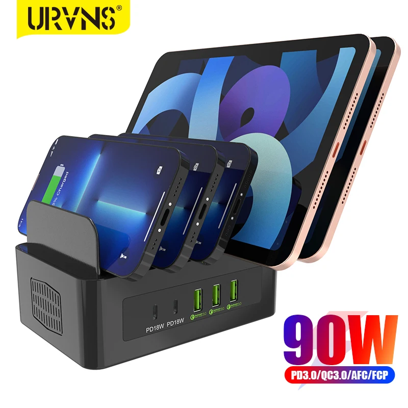 

URVNS 90W Fast Charging Station 5 Ports 18W QC3.0 PD Charger Multiport Power Adapter with Stand Dock for iPhone Cell Phones iPad