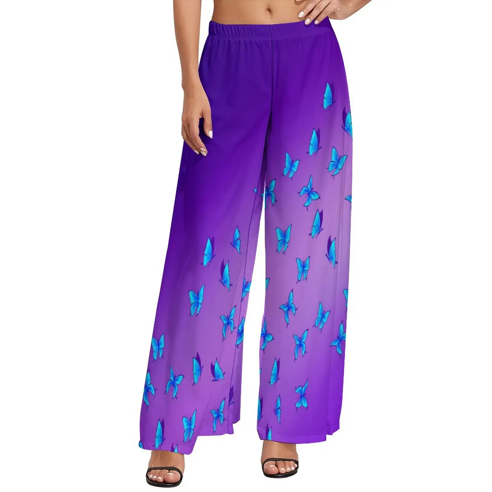 

Прямые брюки с принтом бабочек, синие фиолетовые классические широкие брюки, женские модные корейские брюки большого размера на заказ