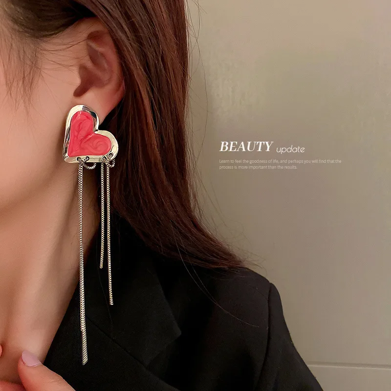 

925 Silver Needle Asymmetric Pink Love Chain Tassel Earrings Niche Design Fashion Sweet Cool