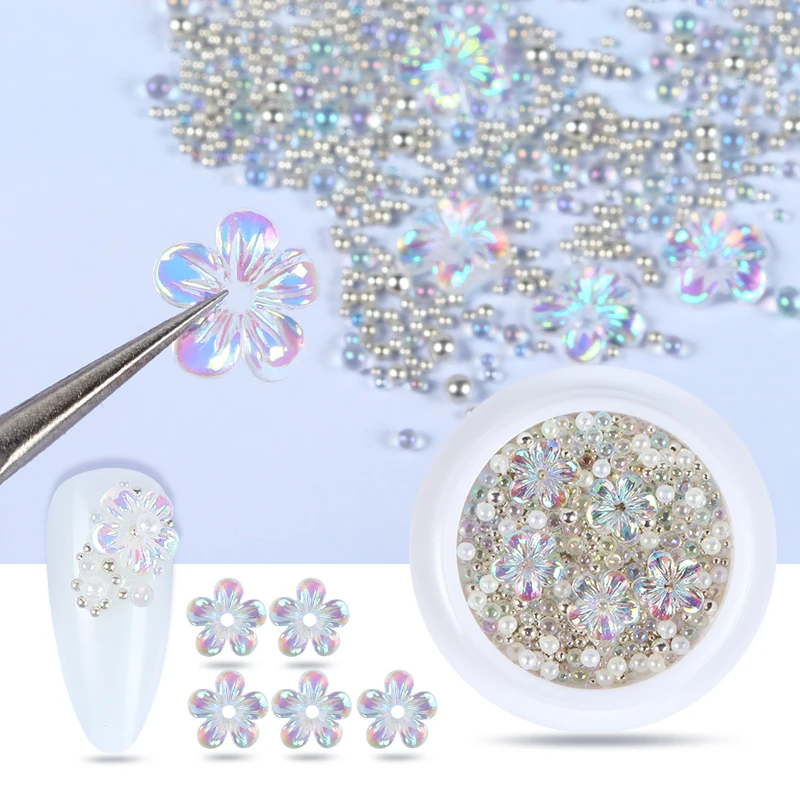 

3D цветок Авроры хрустальные стразы для дизайна ногтей прозрачные пластиковые жемчужные украшения для ногтей смешанные драгоценные камни а...