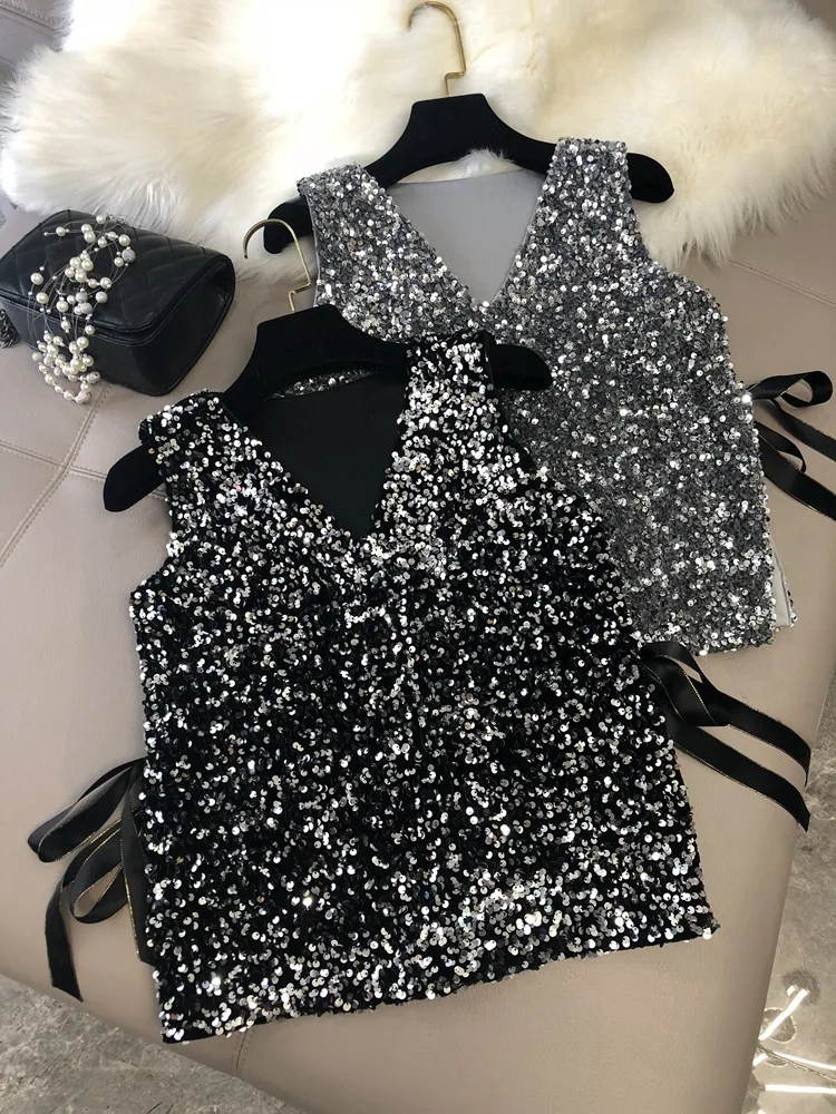 

Fashion Women's New Heavy Industry Sparkling Sequin Vest Loose Lace Short One Hundred Matching Shirts Small Cardigan Tops 2023
