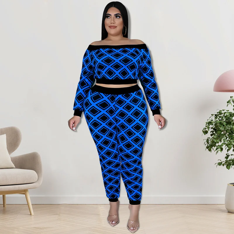 Plus Size Women's Two-piece Sets Fashion Print Long-sleeved Tops With Pants Set Casual Large Size Female T-shirt Trousers Outfit