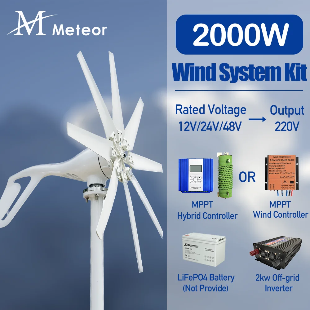 

High Efficiency 2000W Windmill 12V 24V 48V Wind Turbine Generator With Off Grid System Home Appliance With MPPT Hybrid Charger