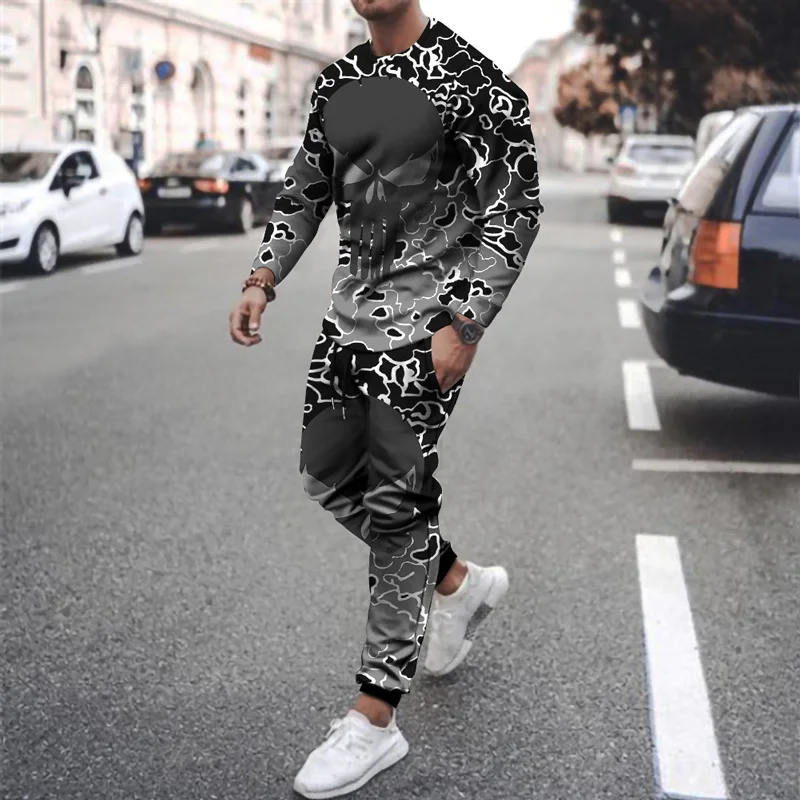 

Men Tracksuit Set Retro Streetwear Oversized Skull Sportswear Jogging Sweatshirt Long Sleeve T-shirt Trousers 2 Pieces Outfit