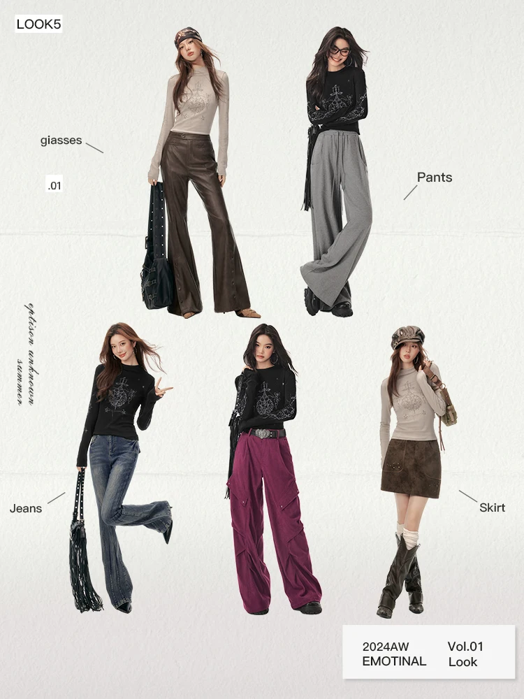 Eptison Knitted Bottoming Shirt 2024 Autumn New Retro Gyaru Sle Three-Dimensional Waist Hugging Short Top Women