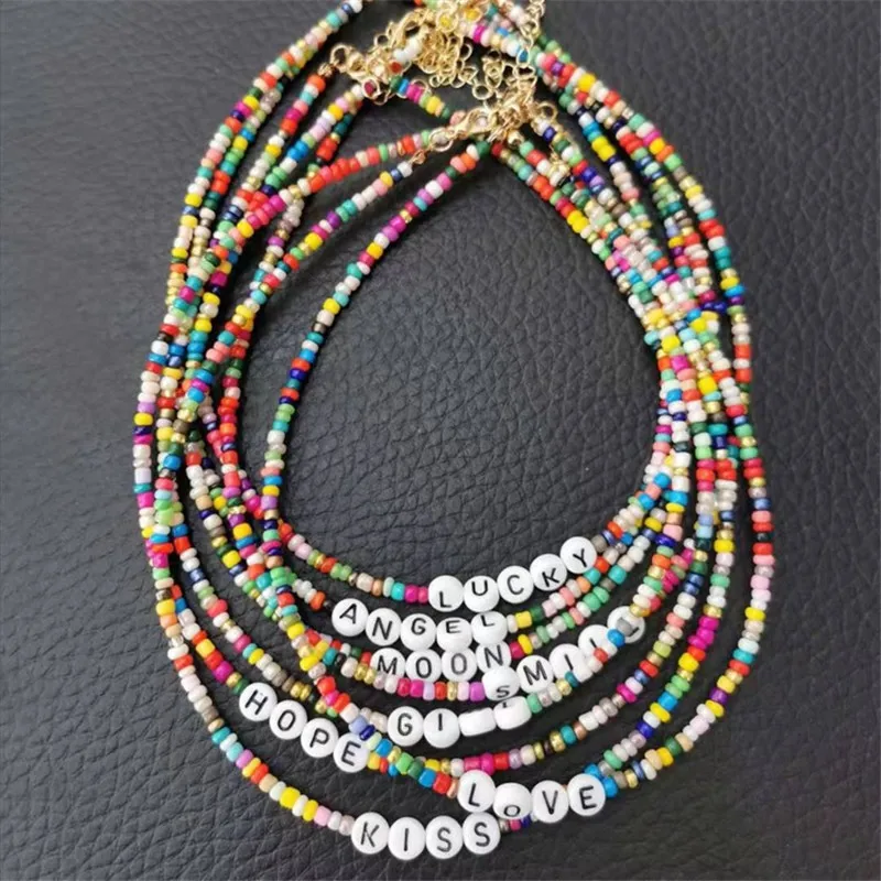 

Boho Handmade Diy Rice Bead Necklace Letter Lucky Love Girl Choker Clavicular Chain Colorful Female Beach Collier Femme Jewelry