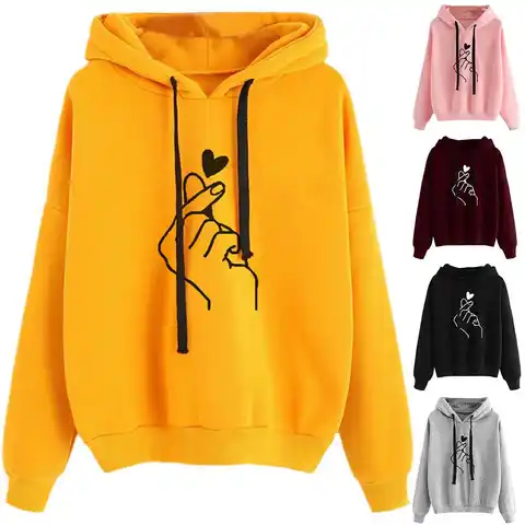 Anime Meek Fantisia Fashion  Women Finger Heart Print Drawstring Hooded Pullover Hoodie Long Sleeve Loose Plus Size Sweatshirt