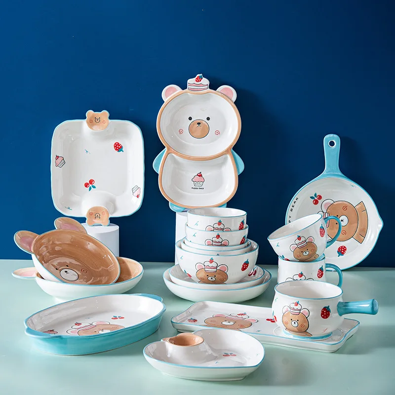Ceramic Children's Household Rice Bowls Cartoon Bear Noodles Bowls Divided Dinner Plate Baking Plate Kitchen Tableware Set