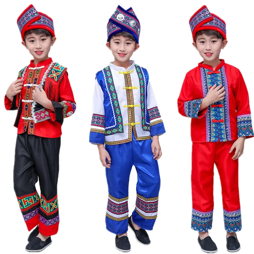 

Kids Ancient Chinese Hmong Miao Costume Traditional Festival Stage Performance Waer Boys Print Folk Hanfu Dress Clothing Set