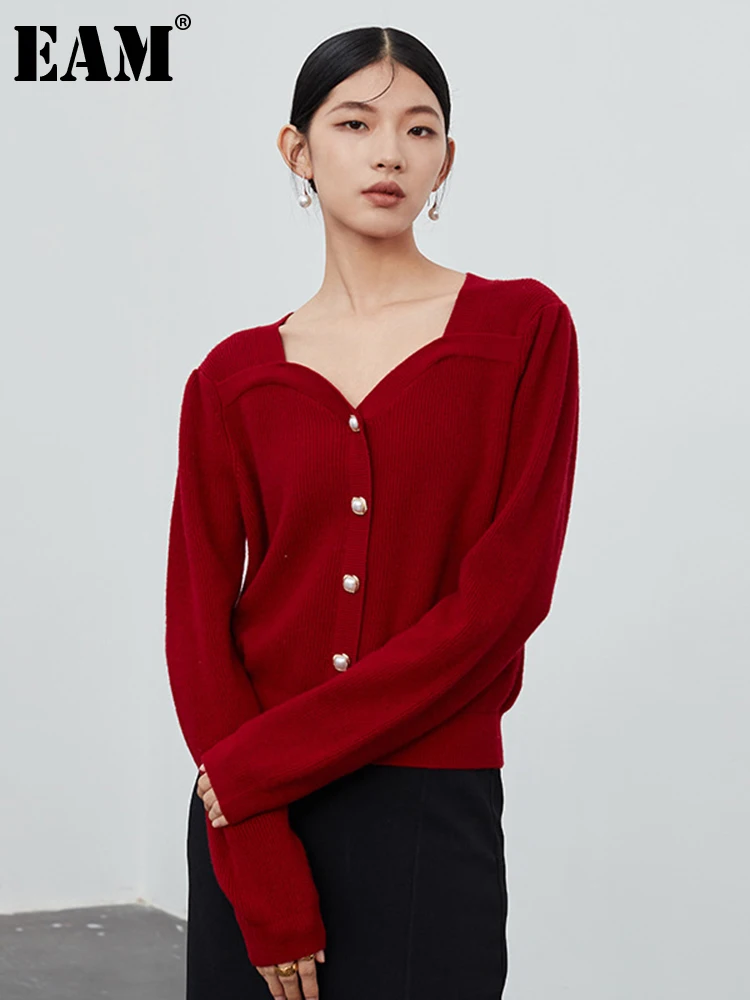 

[EAM] Red Elegant Knitting Cardigan Sweater Loose Fit Square Collar Long Sleeve Women New Fashion Autumn Winter 2022 1DF0322