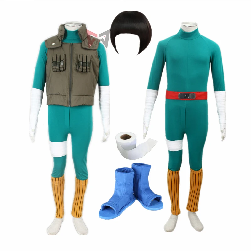 

Athemis Anime Rock Lee Cosplay Costumes Unisex Tight-fitting Clothes Green Jumpsuits And Unique Vest Wig Boots For Kids Adult