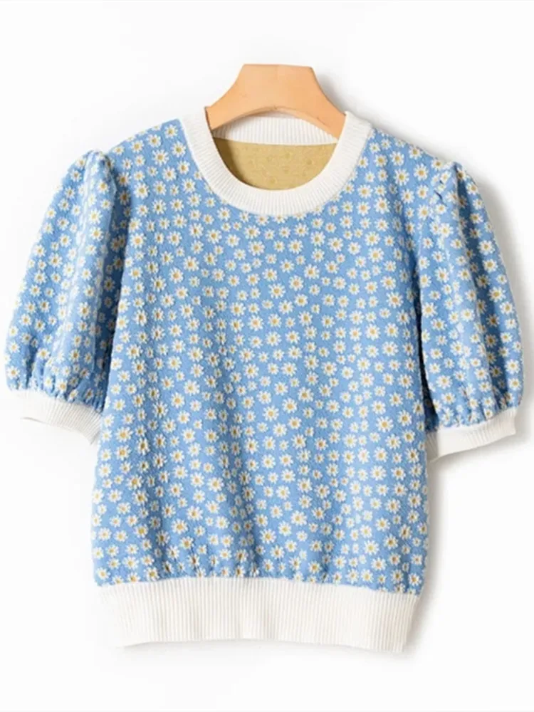 

Fresh Daisy Women Blue Sweater 2022 Summer new O-neck casual Female Short Sleeve Jumper