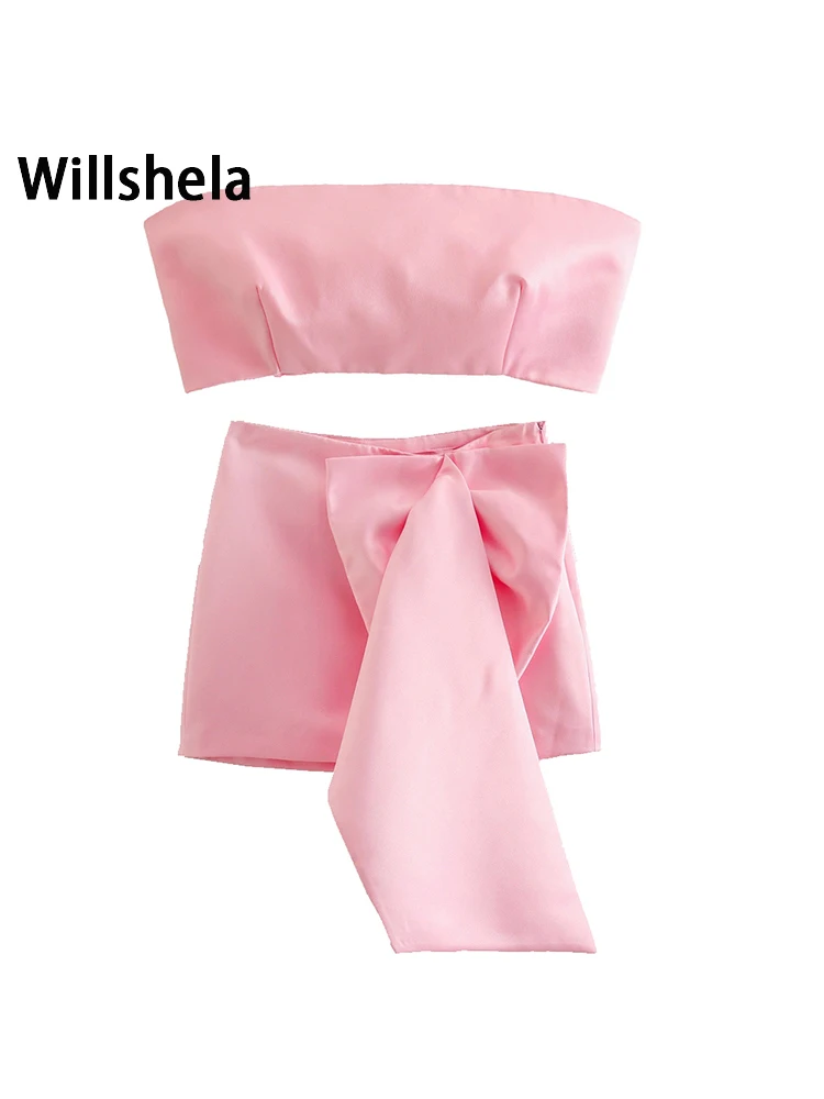 

Willshela Women Fashion 2 Piece Set Solid Strapless Cropped Tops & Side Zipper Bowed Mini Skirt Chic Lady Female Skirt Sets