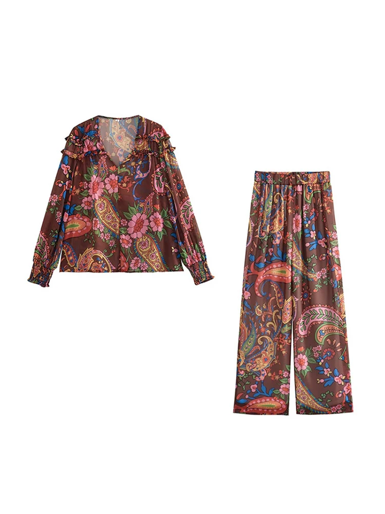

Vintage Printed Chiffon Pants 2 Pieces Set Women V-neck Long Sleeve Blouse And Trousers Outfits Fashion High Waist Pants Suits