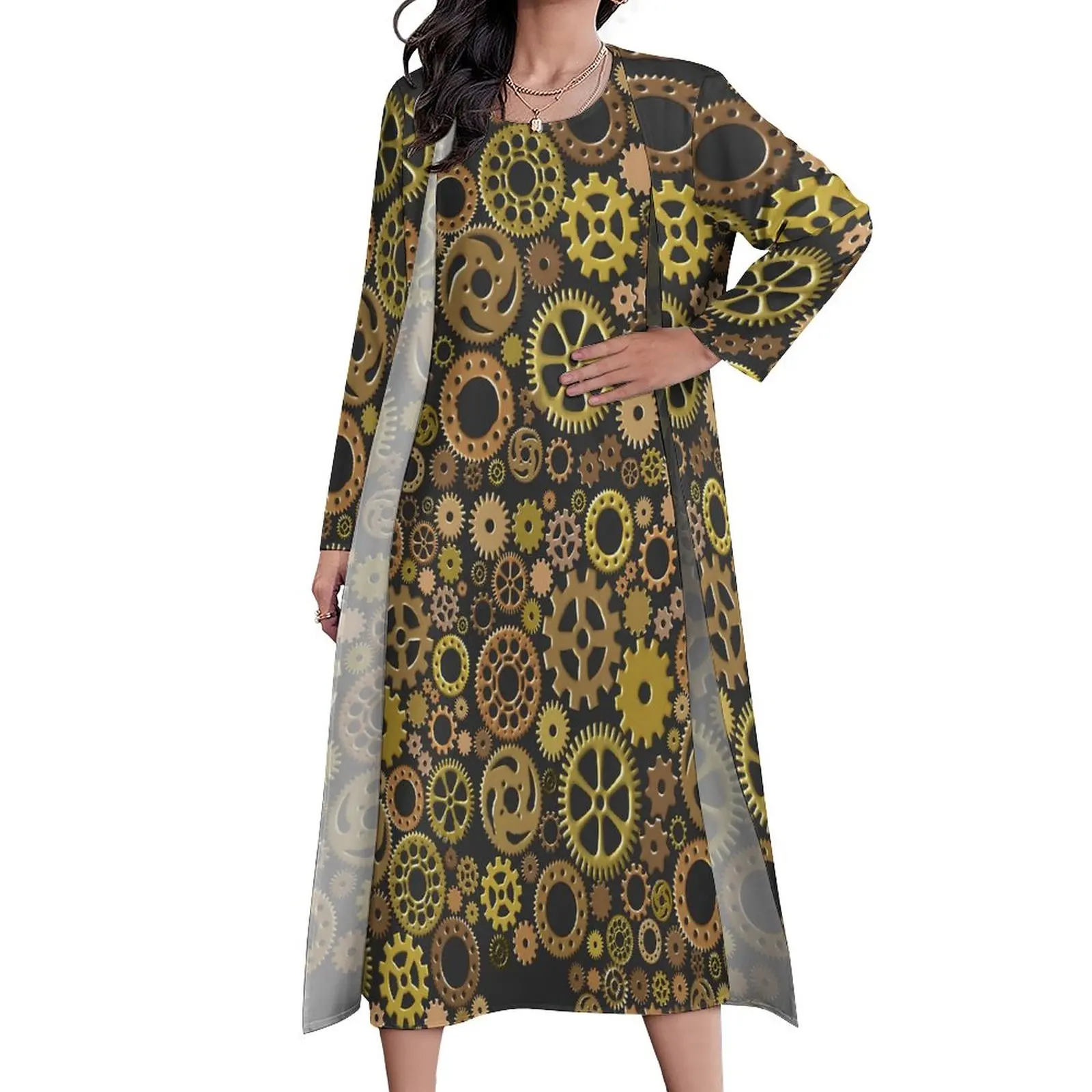 

Steampunk Style Dress Spring Gears Print Aesthetic Boho Beach Long Dresses Women Printed Beach Maxi Dress 3XL 4XL 5XL