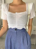 sexy see through top women t shirt fashion folds crop tops korean clothes slim elasticity short sleeve cotton tshirt 2022 summer