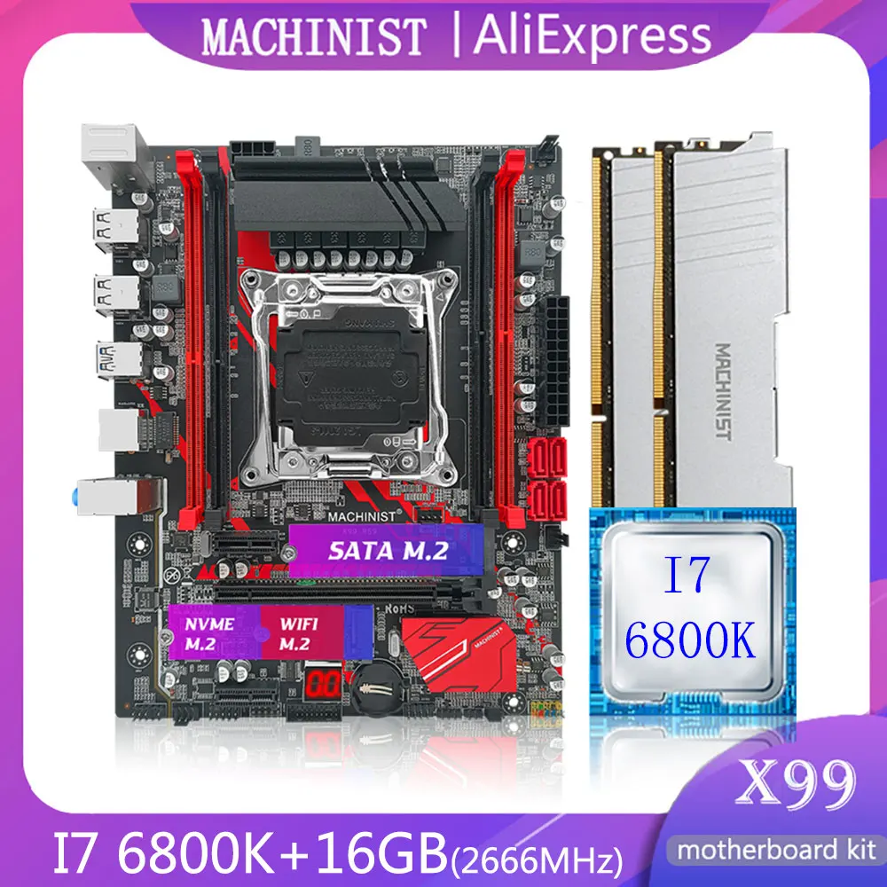 

MACHINIST X99 Motherboard kit with Core I7-6800K LGA 2011-3 CPU 16GB=2*8G DDR4 Desktop RAM Memory Support NVME SATA Four Channel