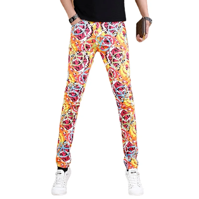 Jeans Men 2022 Summer Fashion Colourful Printed Pants Streetwear Graphic Jean Casual Straight Slim Fit Denim Trousers