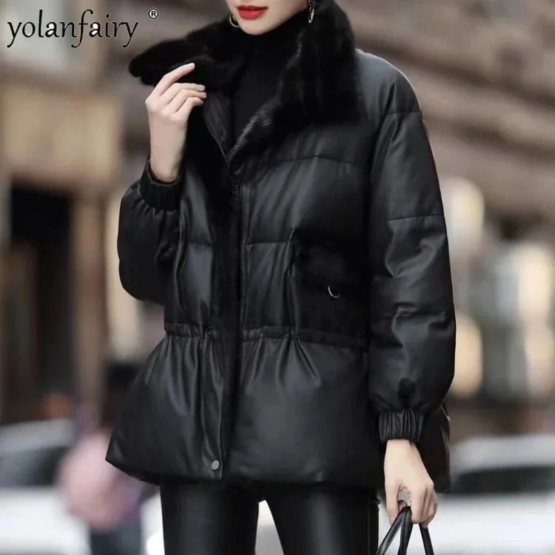 

Новинка 2023, зимнее пальто, женский пуховик из натуральной кожи, женские пальто из натуральной овчины с норковым воротником, женские топы с запахом на талии FC