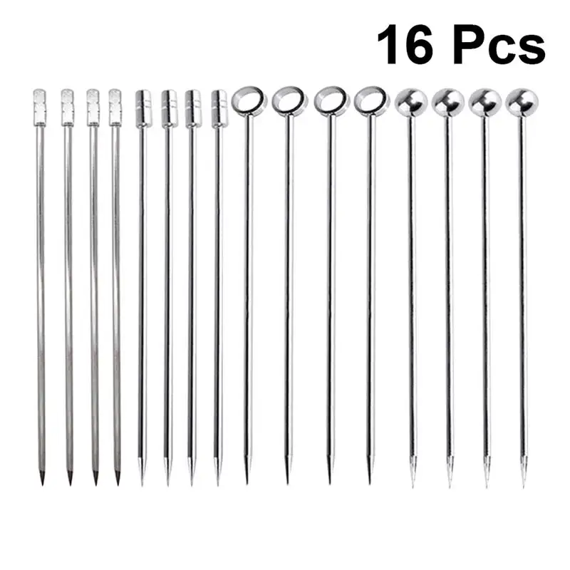 

16pcs Cocktail Picks Stainless Steel Cocktail Sticks Fruit Sticks Practical Swizzle Sticks for Bar (Silver)