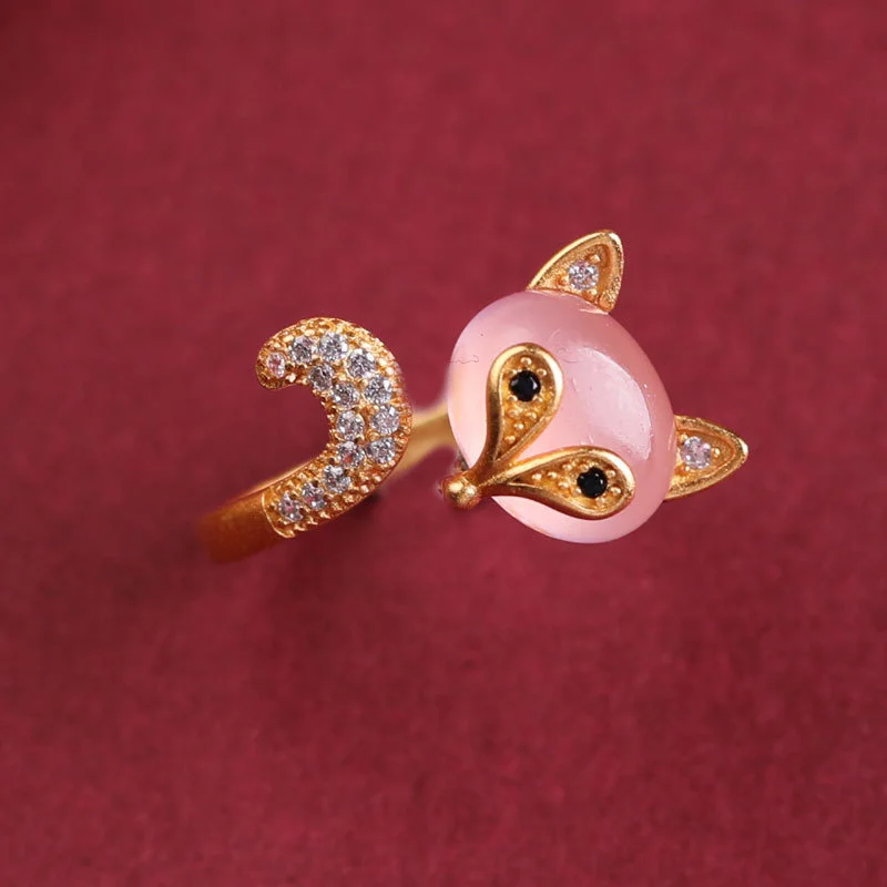 

Sweet Lucky Pink Jade Fox Ring Adjustable Female Anniversary Gift Trendy 925 Sterling Silver Ring Women Jewelry