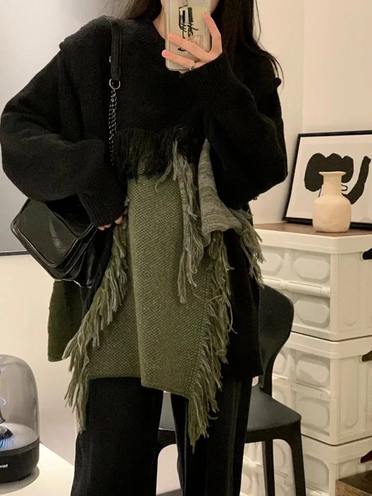 

2023 Harajuku Tassel Sweater Y2k Aesthetics Patchwork Contrast Color Pullover Grunge Knitted Jumpers Grunge Japanese Casual Tops