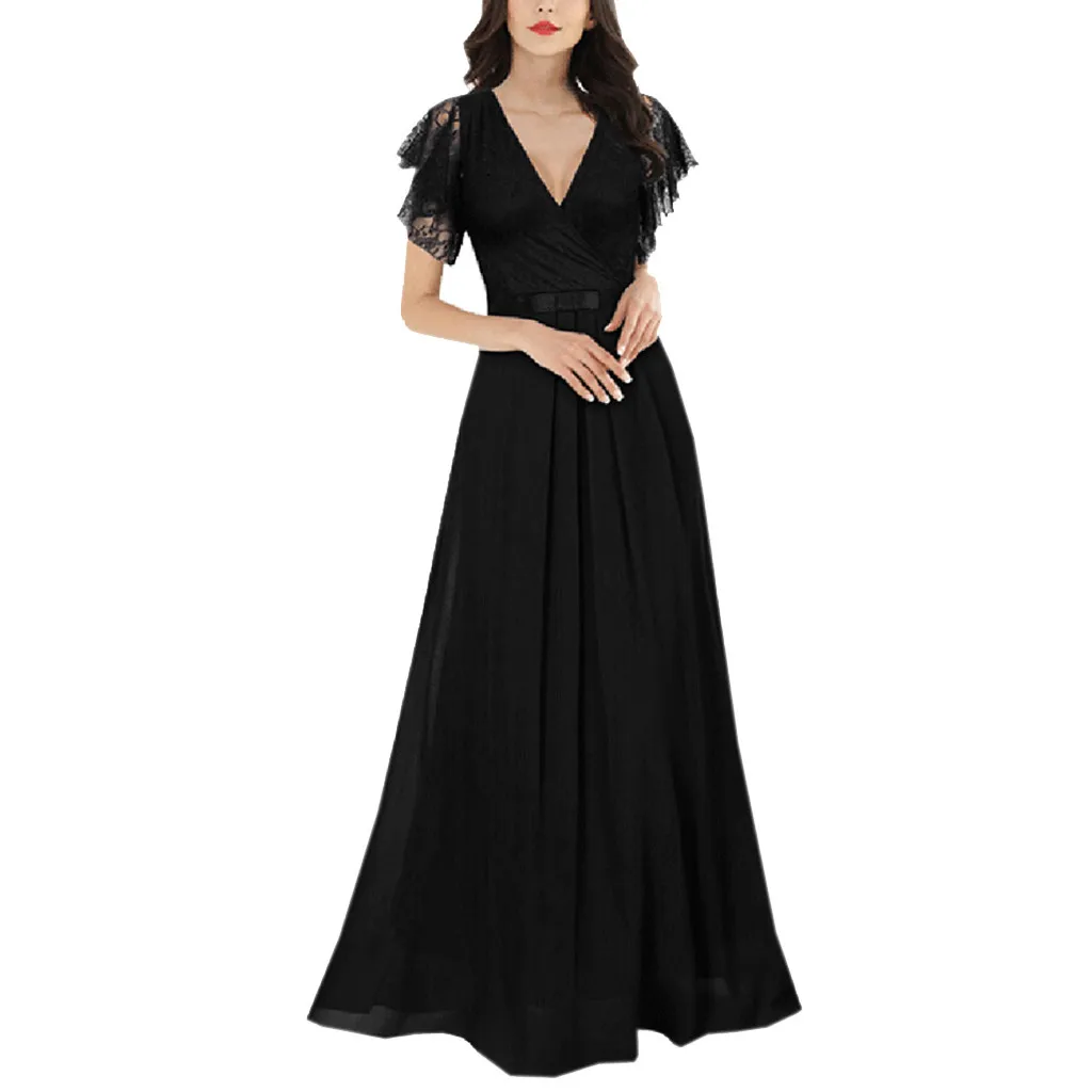 

Sexy Womens Lace Chiffon Patchwork V-Neck Dress Bow Long Maxi Dress Midi Dresses for Women Casual
