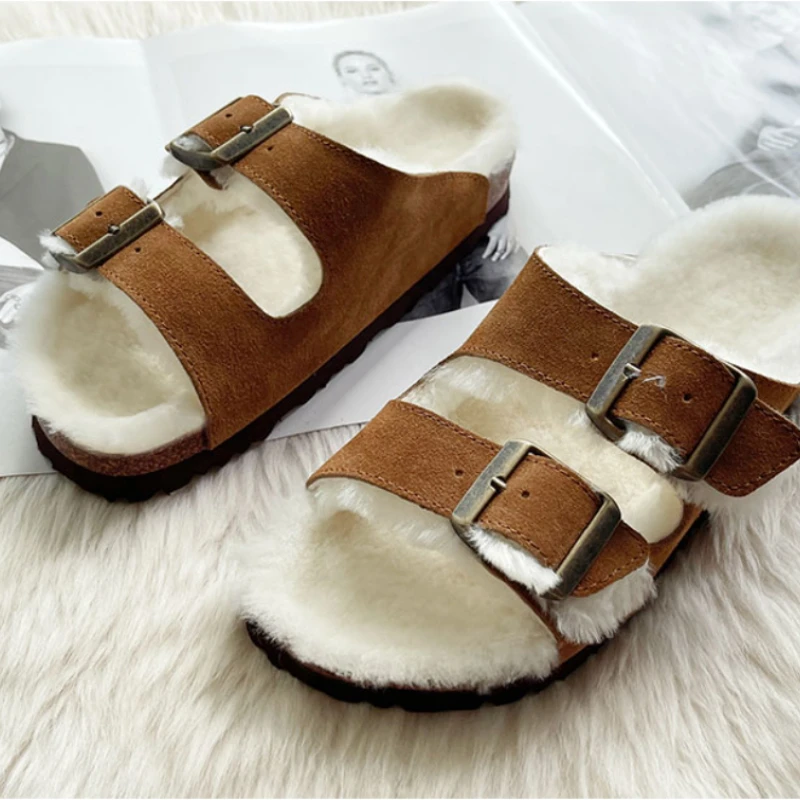 

Women's Slippers New Autumn Winter Faux Suede Plush Slippers Classic Buckle Slides for Women Fashion Outdoor Casual Ladies Shoes