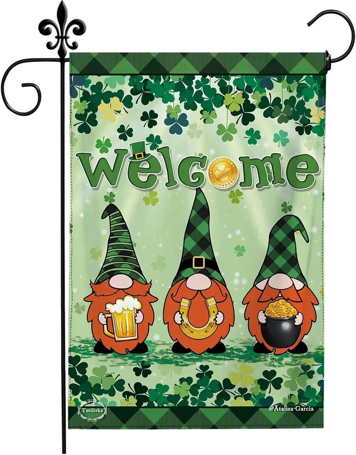 Welcome St Patricks Day Gnomes Gold Coin Horseshoe Beer Leprechaun Dwarf Green Garden Flag In Double Sided Vertical Lucky Shamr