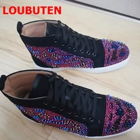 loubuten top fashion purple rhinestones sneakers men casual shoes genuine leather flats loafers mens shoes