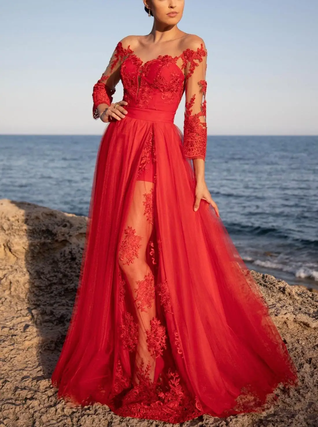 

CFED-017 2022Y New Arrivlal Fashion Red Lace Patchwork Evening Dress Women's Party Dress Elegant Long Dress Sexy Prom Dress