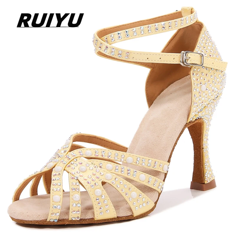 Latin Shoes Women's Salsa Tango Ballroom Party Dance Shoes Satin Rhinestones Yellow Girls High Heel Summer Sandals Sneakers