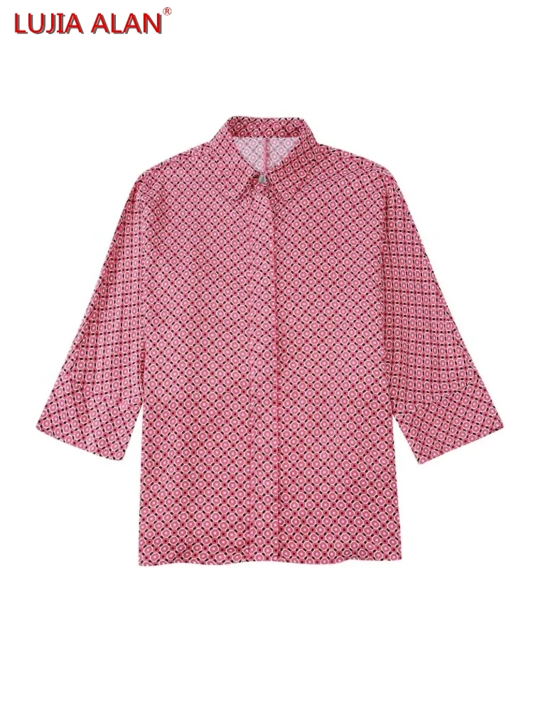 

New Women's Pink Geometric Pattern Turndown Collar Raglan Sleeve Casual Loose Bat Shirts LUJIA ALAN B895