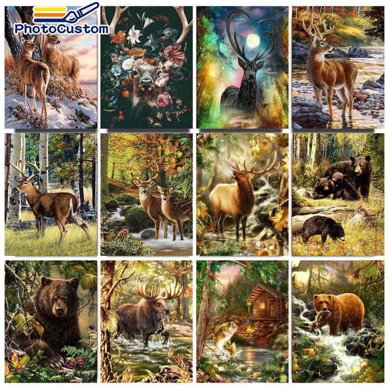 

PhotoCustom 60x75cm Oil Painting By Numbers Sika Deer Scenery Paint By Numbers On Canvas Animals Coloring By Number Home Decor