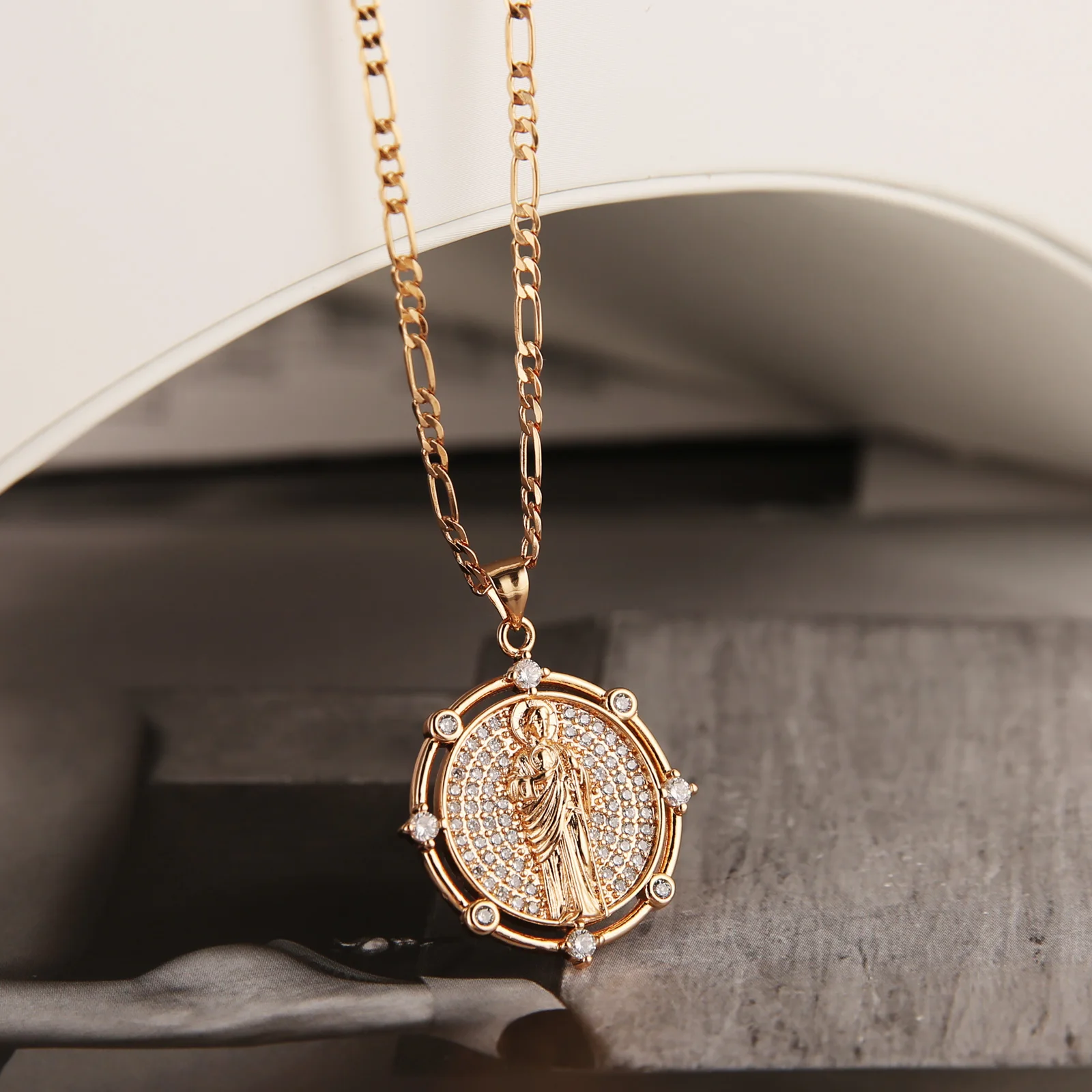 

HZMAN St. Jude Thaddeus Medal Necklace for Men Women 14K Gold Plated Round Inlaid Cubic Zirconia Religious Pendant Jewelry Gift