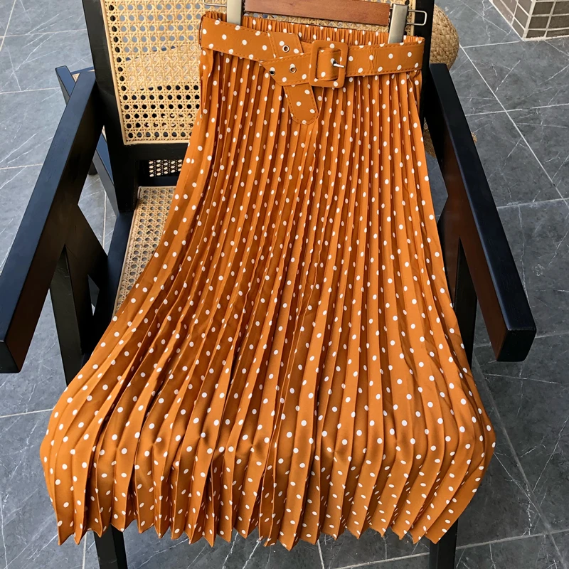 

Летняя женская юбка миди в горошек с поясом, плиссированная юбка в винтажном стиле, Элегантная Модная длинная юбка с высокой талией