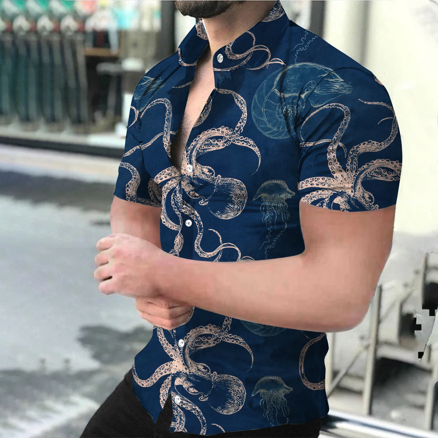 

2022 European and American men's summer new trend fashion ocean digital 3D printing slim short-sleeved shirt top
