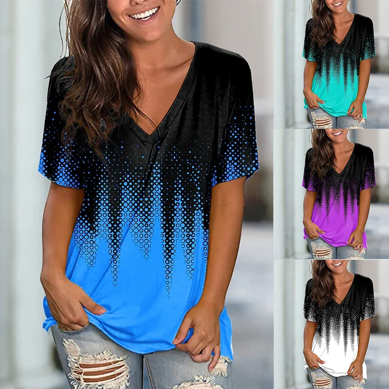 

Футболка женская с градиентным принтом, базовый топ с коротким рукавом и V-образным вырезом, в горошек, зеленый синий белый/3D печать