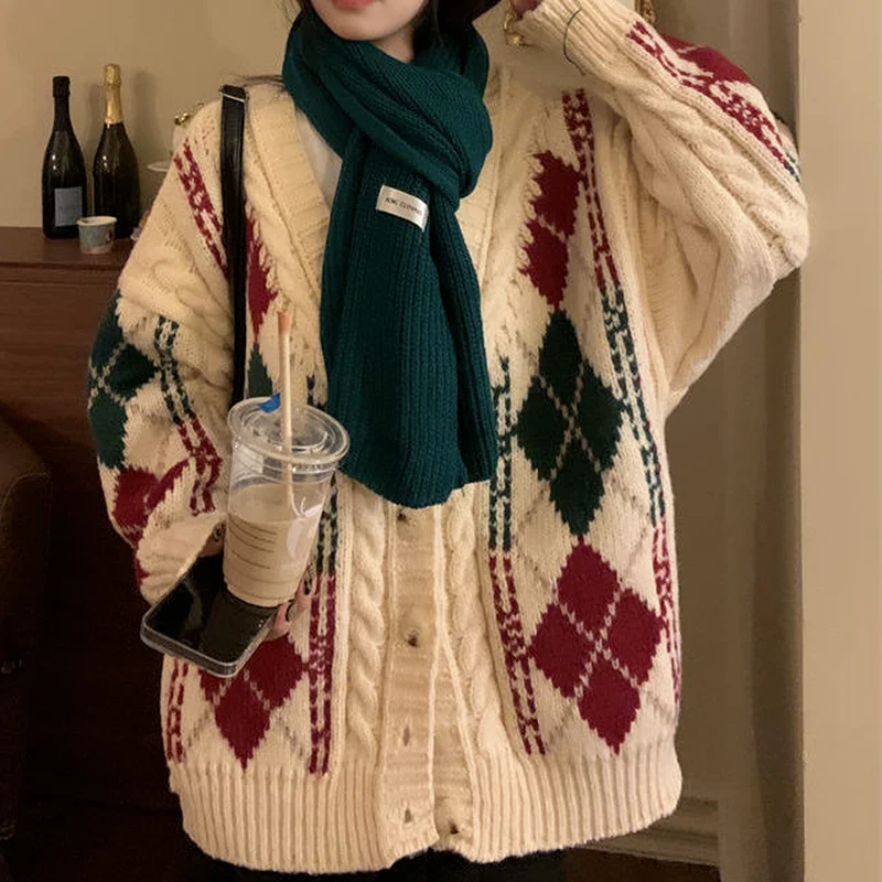

Deeptown Christmas Korean Style Aygyle Oversize Sweater Women Cardigan Vintage Harajuku V-neck Beige Jumper Pullover Female Tops