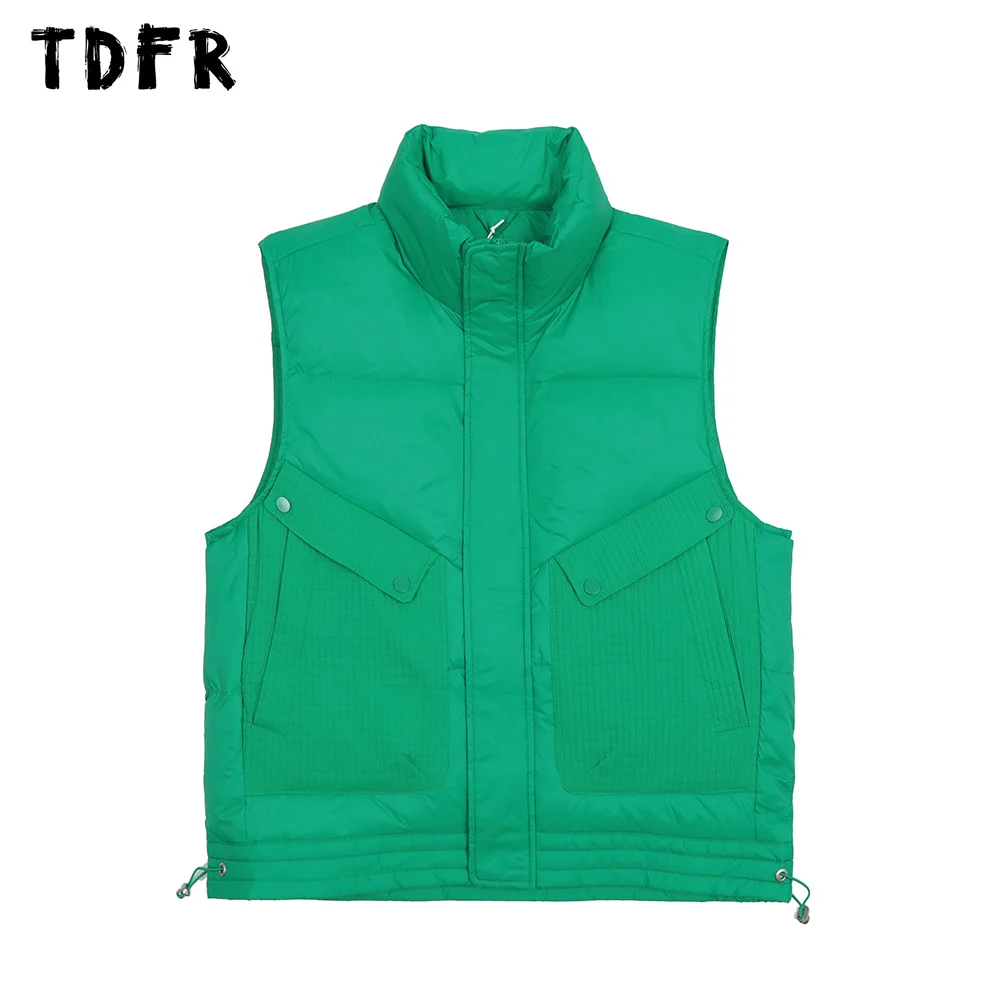 

Patchwork Pocket Down Vest Mens Winter Casual Stand Collar Loose Sleeveless Vest Outerwear Men