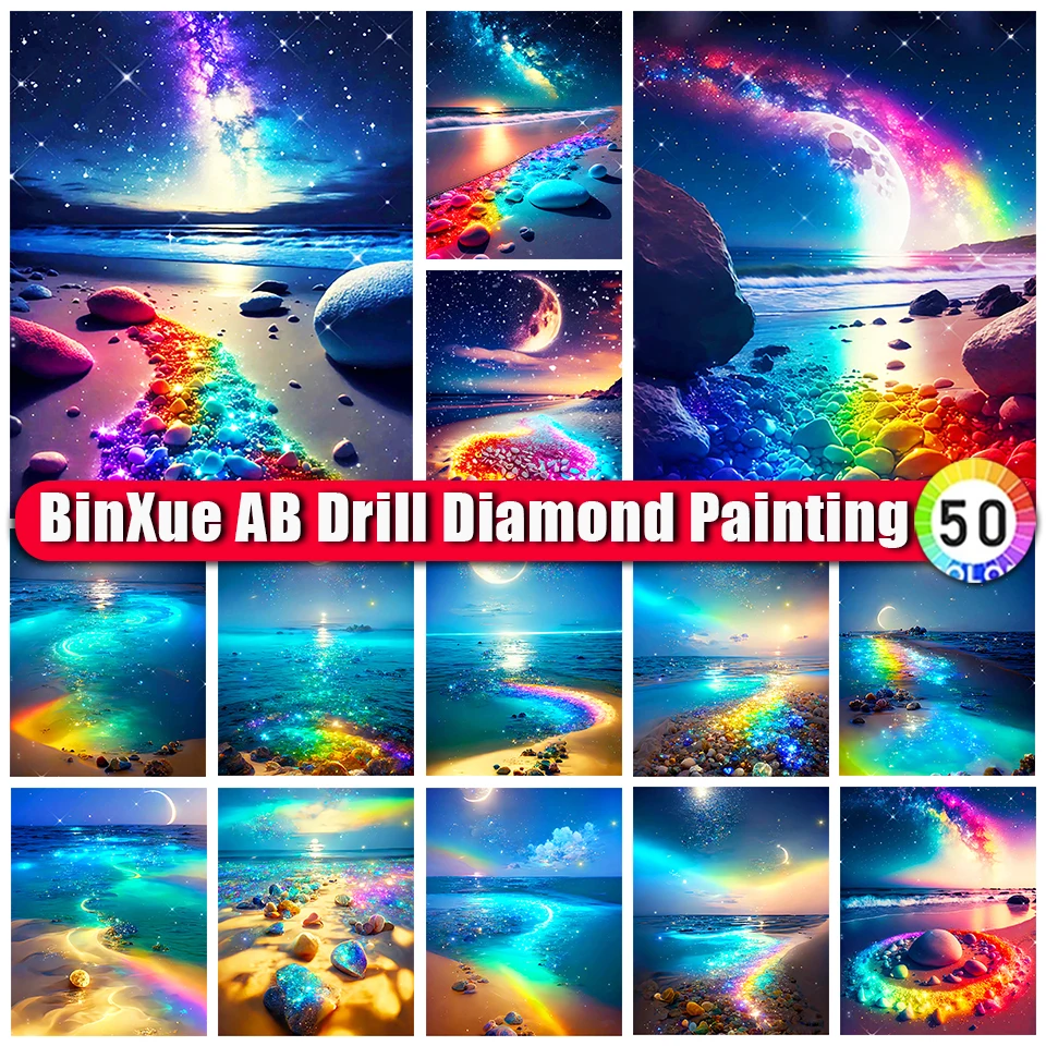 

BinXue 5D DIY Scenery Beach Ocean AB Diamond Painting Kit Colorful Stones Cross Stitch Moon Rainbow Handmade DIY Mosaic Decor