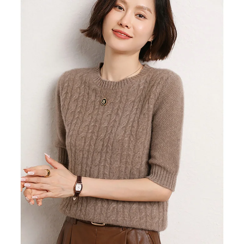 Autumn and Winter 2022 New Women's Round Neck Pure Cashmere Shirt Short Sleeve Thickened Sweater Half Sleeve Knitted Loose Top enlarge