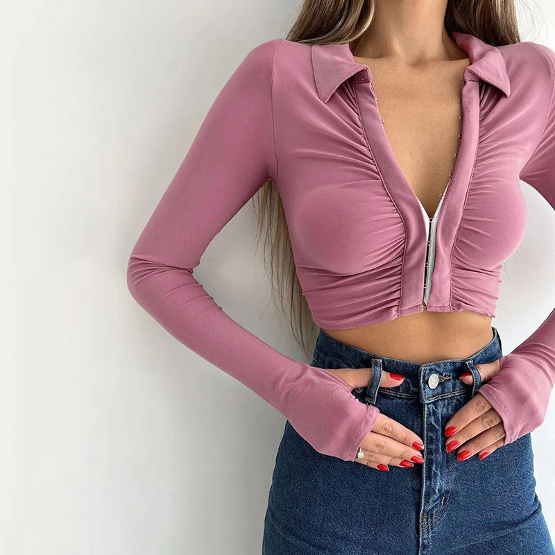 

Tops Women Clothing Tees Casual Clothes Lapel Folds Constricted Long Sleeve Tight Short T-shirt Leisure Sexy Midriff-baring Slim