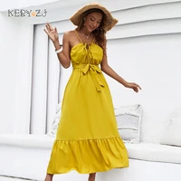 keby zj summer dress womens sexy solid color strapless halter sleeveless yellow maxi dresses 2022 new design sundress vestido