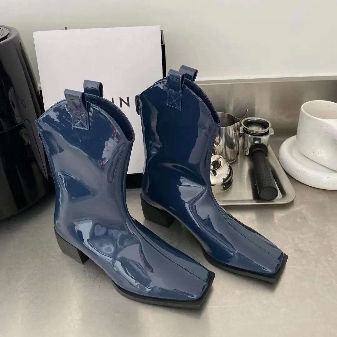 

Patent Leather Women Square Toe Ankle Boots Black Grey Blue Flat Mid Heels Shallow Slip On Winter Party Pumps Winter Booties 39