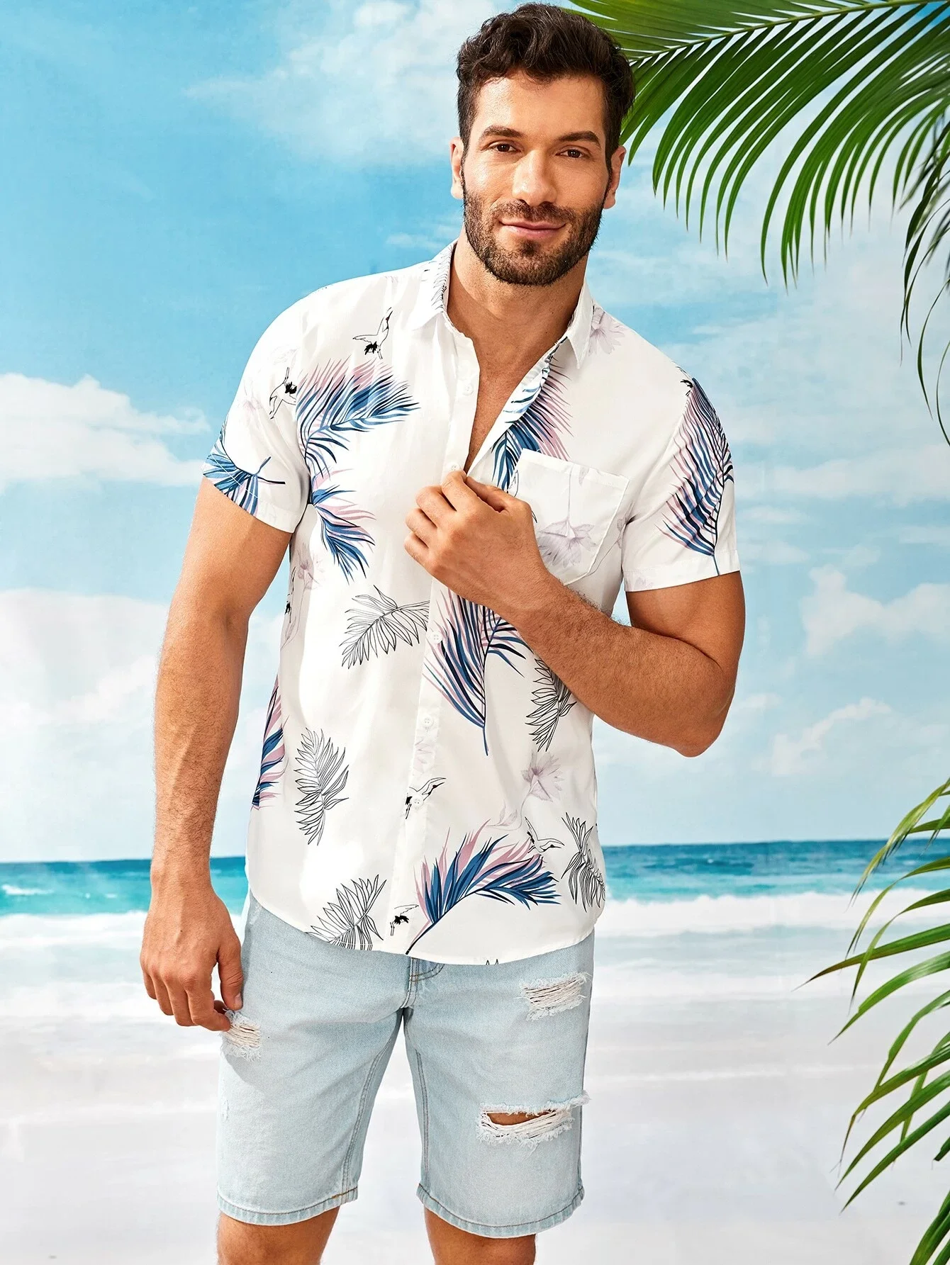 

Men Leaf Print Pocket Front Hawaiian Shirt
